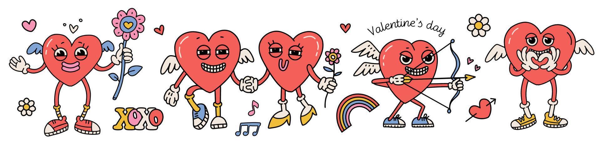 conjunto de pegatinas del día de san valentín groovy cómico de moda de personajes de corazón con alas. lindas y extrañas mascotas cupido. diseño de dibujos animados retro del día de san valentín. Estética de los 70 80. ilustración dibujada a mano vectorial. vector