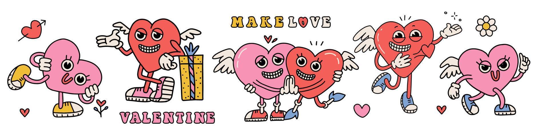 maravilloso conjunto de personajes de corazones encantadores. concepto de amor feliz colección de mascotas del día de san valentín. funky corazón feliz en el moderno estilo de dibujos animados retro de los años 80 y 70. ilustración vectorial plana en colores rojo rosa. vector