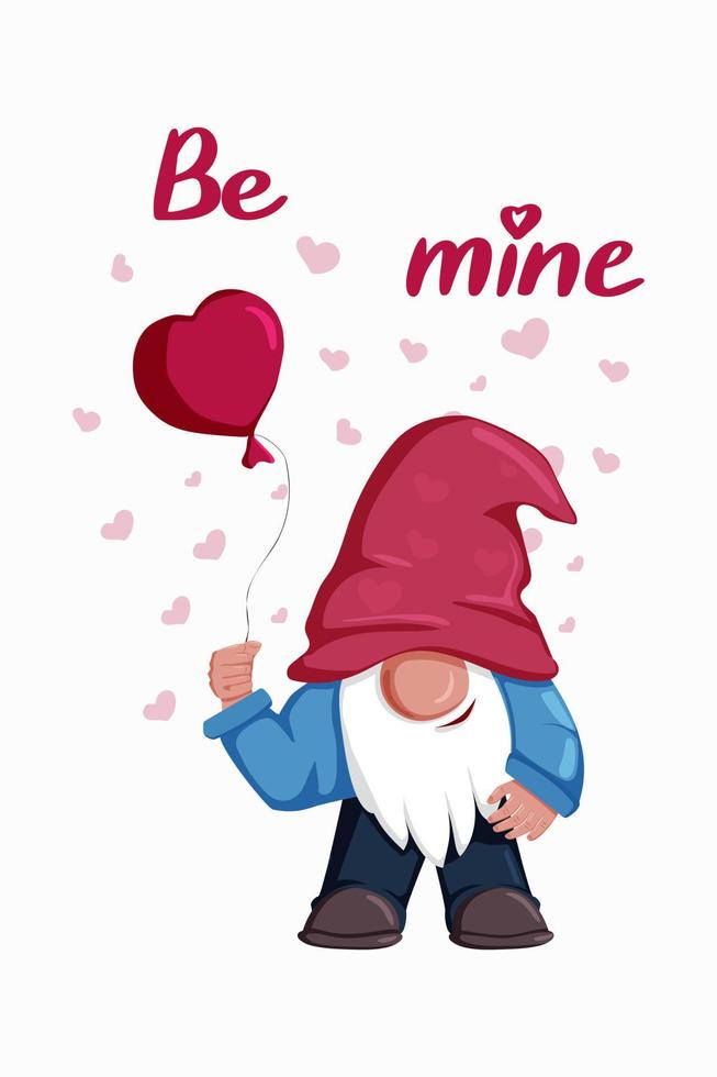 Cute Valentine s Day gnome boy with balloon in shape of heart in hand. Vector isolated illustration, cartoon flat character. Be mine quote. Template for greeting card, label, tag, print