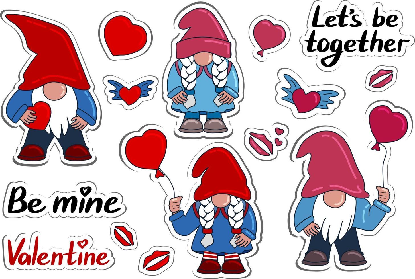 Flat retro set of valentine s stickers with funny cute gnomes boys and girls with hearts and quotes. Vector isolated illustration