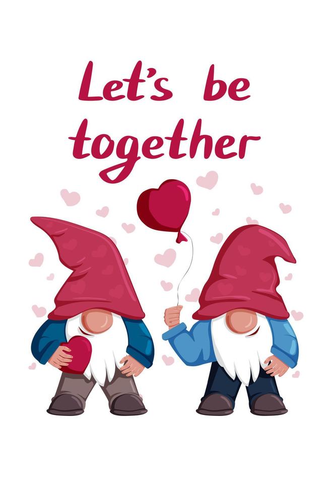 Cute Valentine Day couple of gnome boys with ballon in shape of heart. Vector isolated illustration, cartoon flat characters. Let be together quote. Template for greeting card, label, tag, print