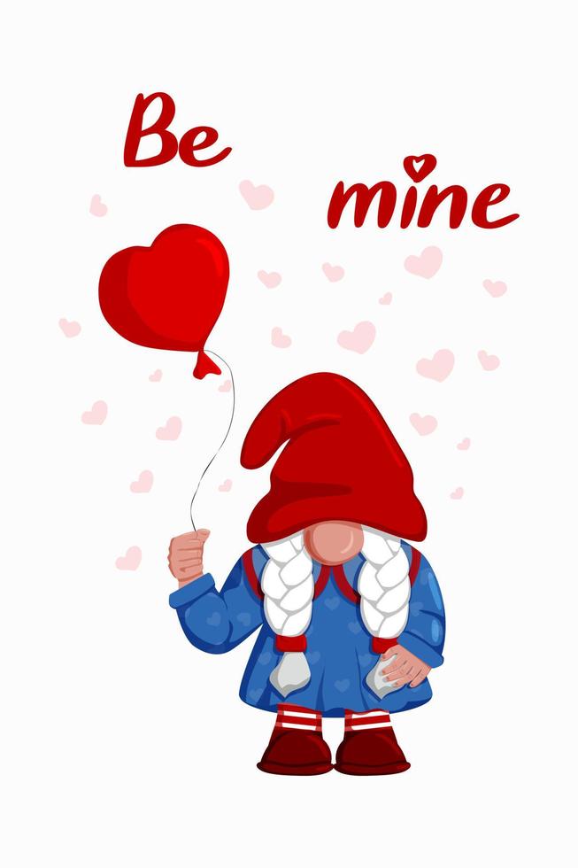 Cute Valentine s Day gnome girl with balloon in shape of heart in hand. Vector isolated illustration, cartoon flat character. Be mine quote. Template for greeting card, label, tag, print