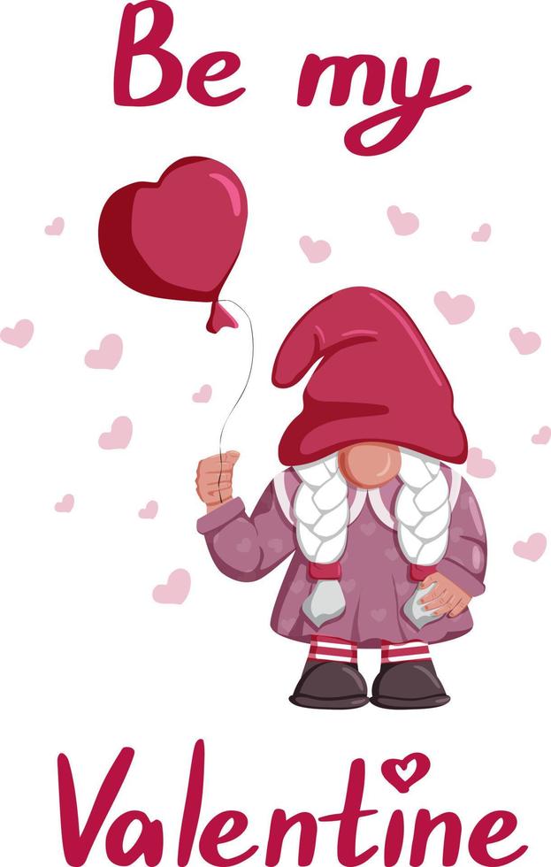 Cute Valentine Day gnome girl with balloon in shape of heart. Vector isolated illustration, cartoon flat character. Be my valentine quote. Template for greeting card, label, tag, print for clothes