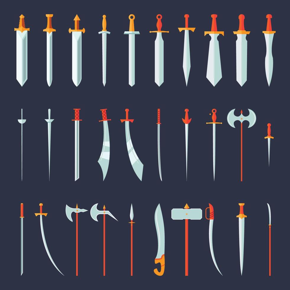 Swords Set. Collection of Knight Sword Ancient Weapon Cartoon Design vector