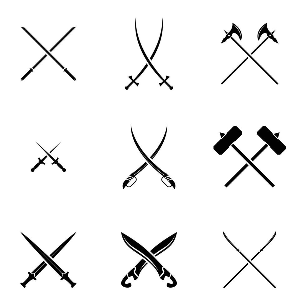 Swords Set. Collection of Crossed Knight Sword Ancient Weapon silhouettes Design vector