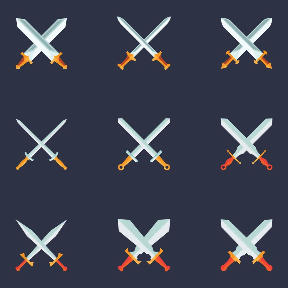 Swords Set. Collection of Crossed Knight Sword Ancient Weapon Cartoon Design vector