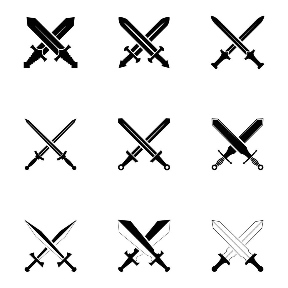 Swords Set. Collection of Crossed Knight Sword Ancient Weapon silhouettes Design vector