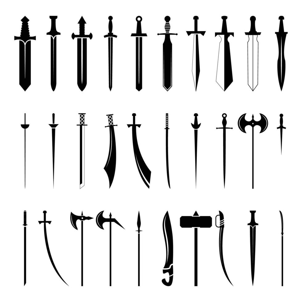 conjunto de espadas. colección de diseño de siluetas de armas antiguas de espada de caballero vector