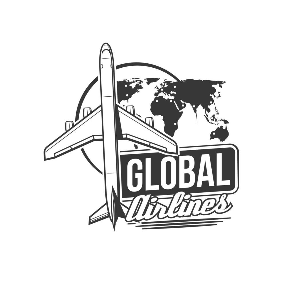 aerolíneas globales, icono vintage de viaje en avión vector