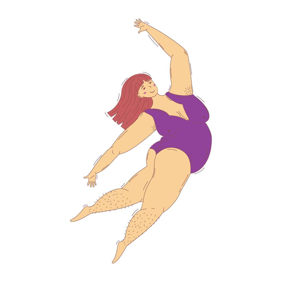 Happy plus size overweight woman in dancing, loves herself and is happy in her body vector