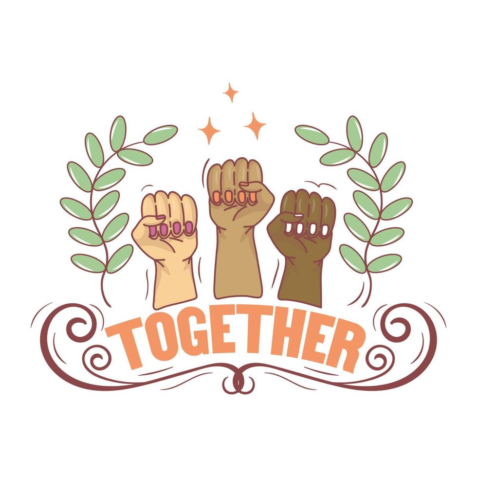 Three clenched fists up support femenism and the inscription together vector