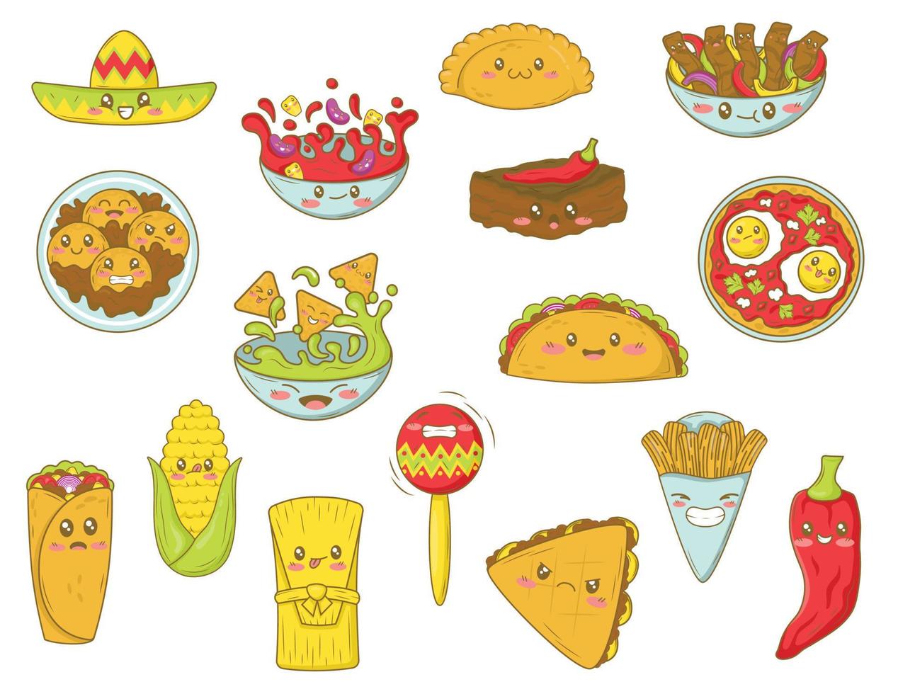 bundle  of kawaii clip art with mexican food in cartoon doodle style. Mexican fast food collection with funny faces vector