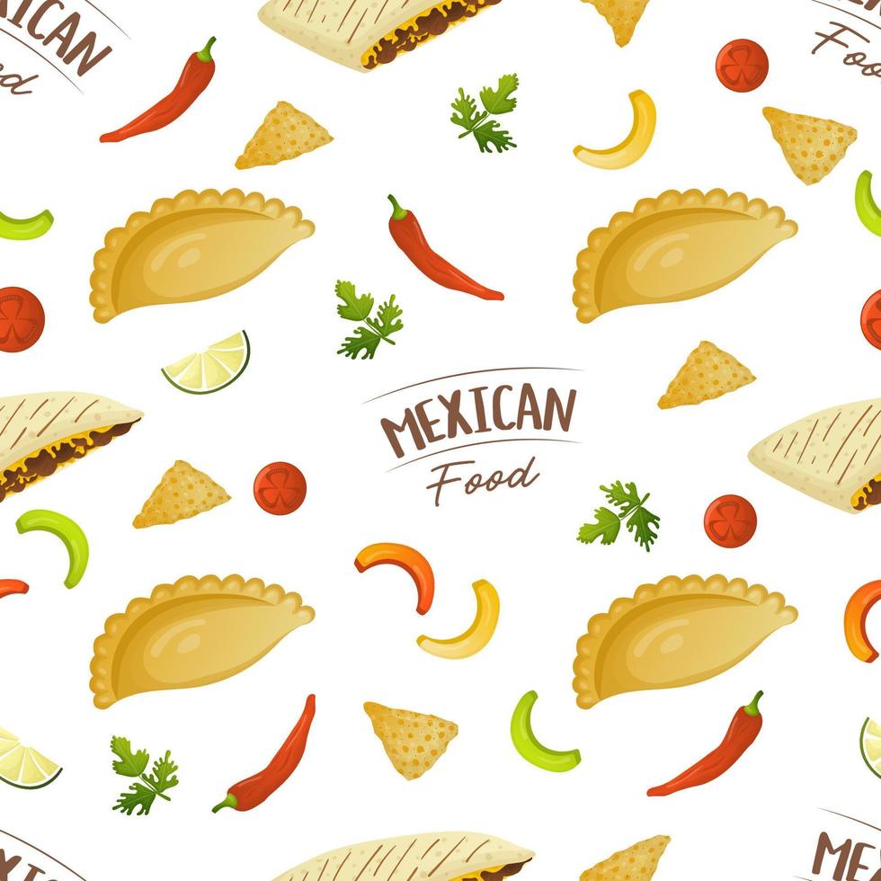 Seamless pattern with mexican food quesadilla and empanadas patty. Fast food restaurant and street food snacks, meat tortillas, takeaway food delivery vector