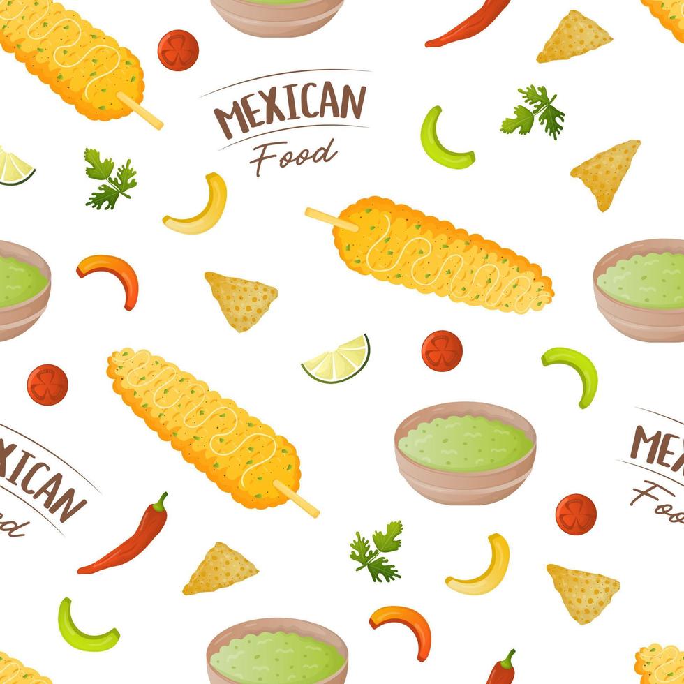 Seamless pattern with mexican food elotes fried corn, vegetables and guacamole. Fast food restaurant and street food snacks, meat tortillas, takeaway food delivery vector