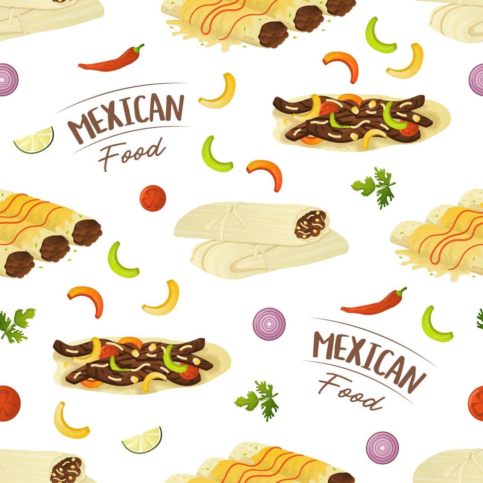 Seamless pattern with mexican food fajita, tamale, enchilada and bell pepper slices. Fast food restaurant and street food snacks, meat tortillas, takeaway food delivery vector