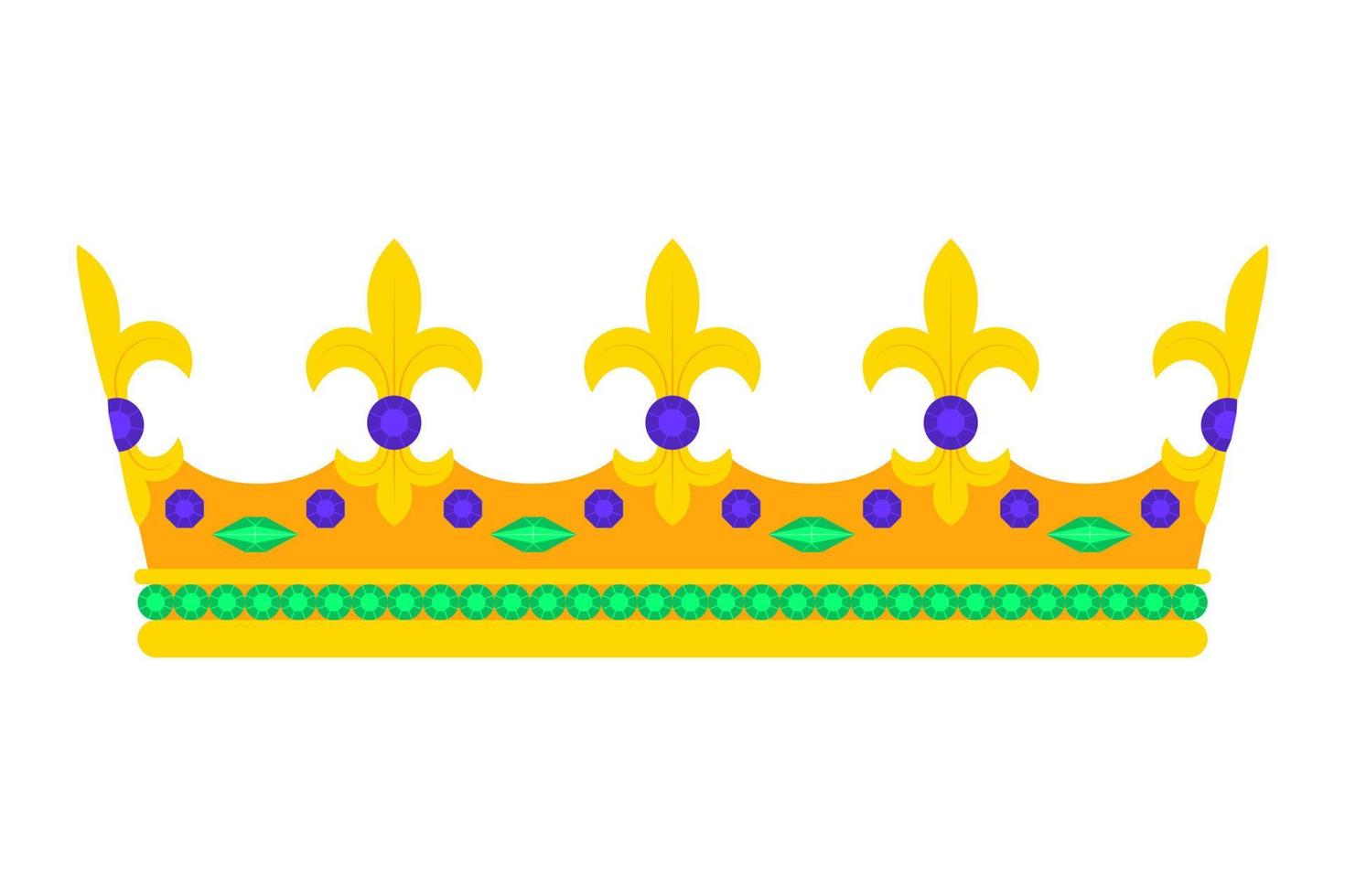 Shiny gold crown encrusted with emeralds and diamonds. Concept of an award ceremony or coronation. Template for logo design, icon, postcard, badge, sticker, print. Vector illustration in flat style
