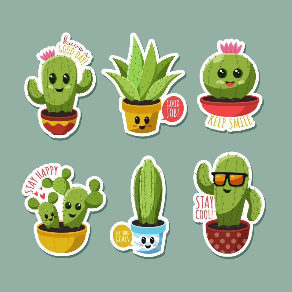 Cactus And Succulent Cartoon Stickers Set for Journal Template vector