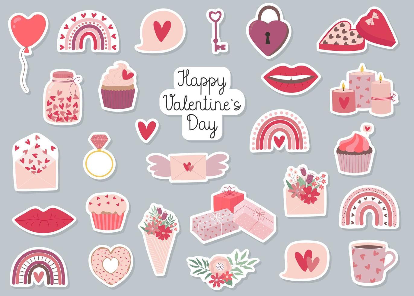 Set of Valentine's Day hand drawn stickers. Template for greeting card, invitation, poster, banner, gift tag, print vector