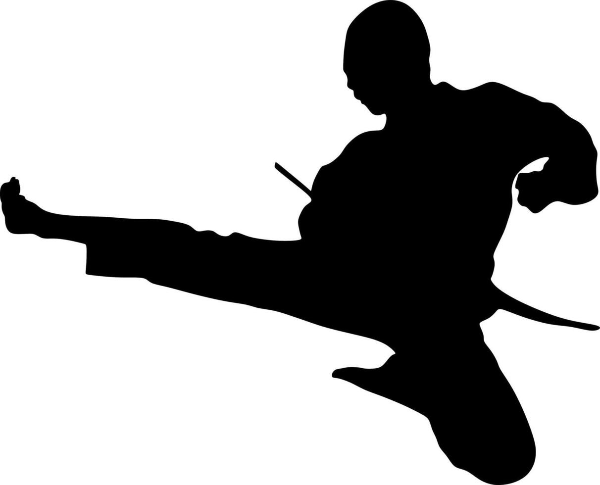 Silhouette art of a man demonstrating martial arts wushu, kung fu exercises. Vector illustration. Wushu icon