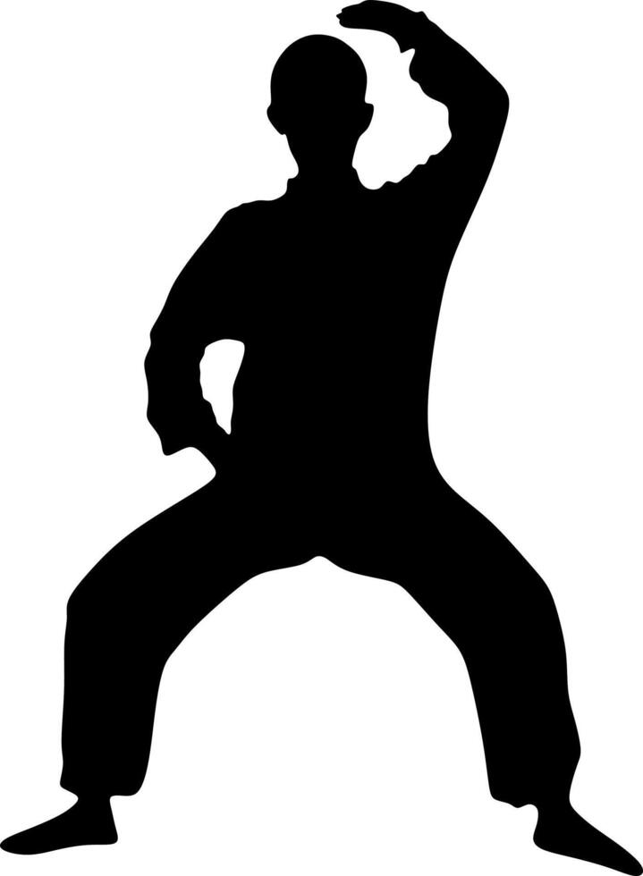 Silhouette art of a man demonstrating martial arts wushu, kung fu exercises. Vector illustration. Wushu icon