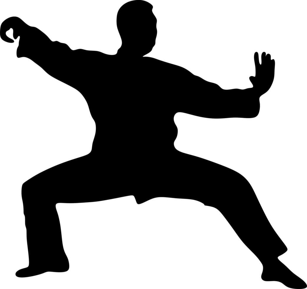 Silhouette art of a man demonstrating martial arts wushu, kung fu exercises. Vector illustration. Wushu icon