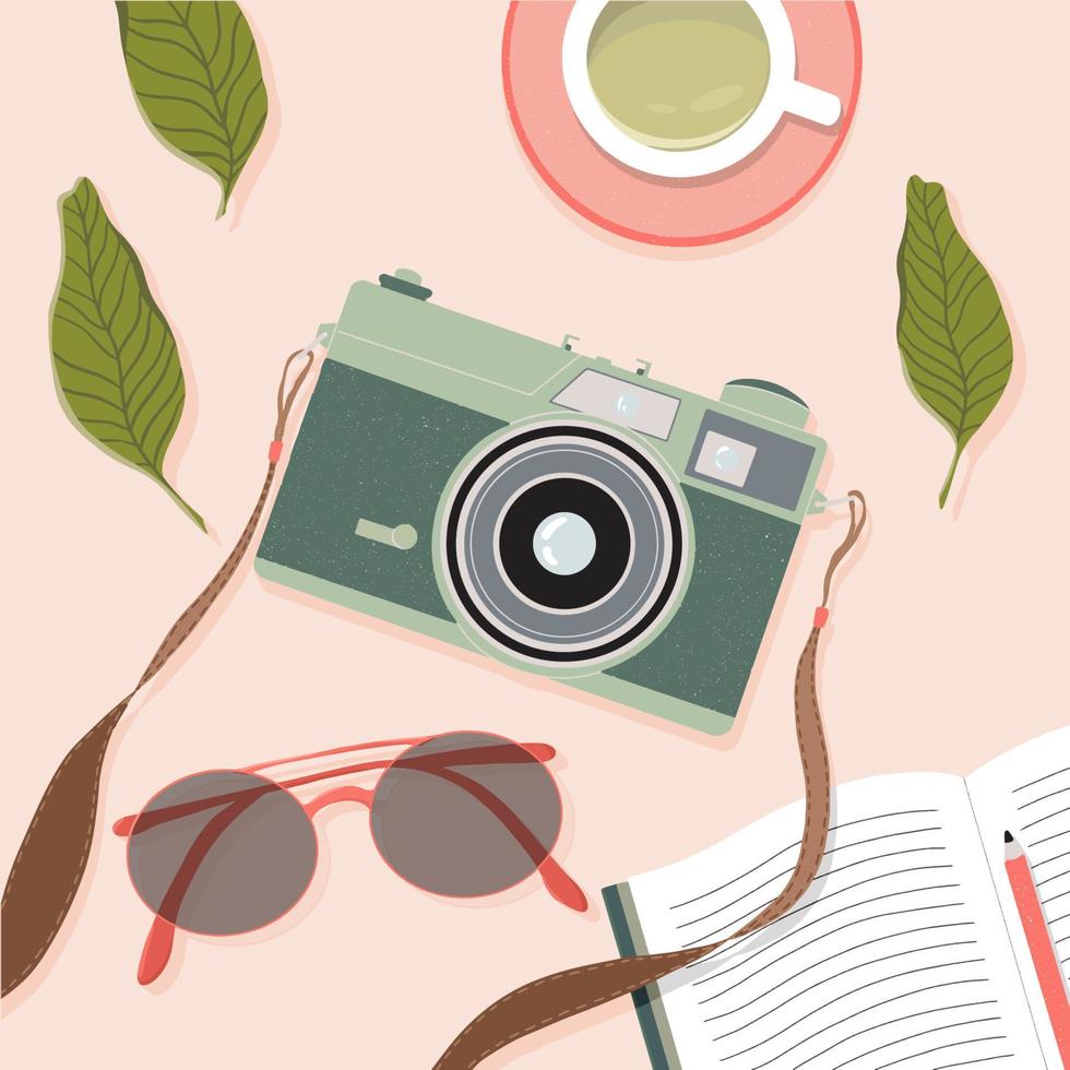 Film camera, tea cup, glasses and note book on the table. Trendy top down view illustration. Working from home. Modern minimalistic hand drawn home office space design for web card, banner. vector