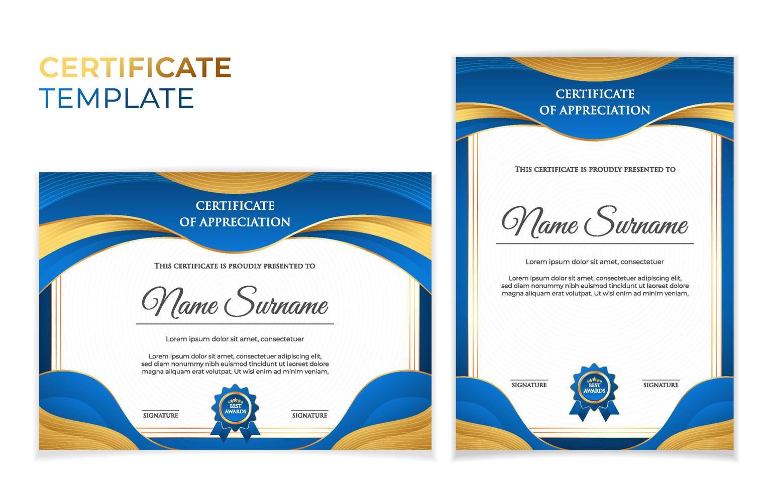 plantilla de certificados de logros de degradado azul y dorado vector