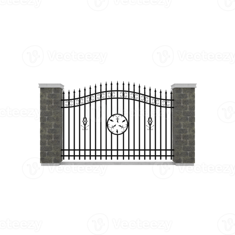 Stone fence with forged metal lattice with piques png