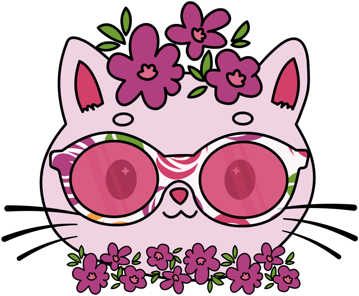 gato bonito na coroa de flores usando óculos png