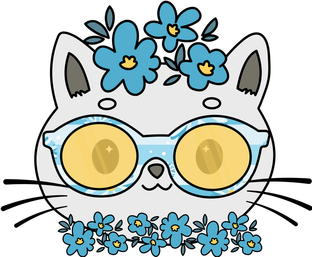 lindo gato en corona de flores con gafas png