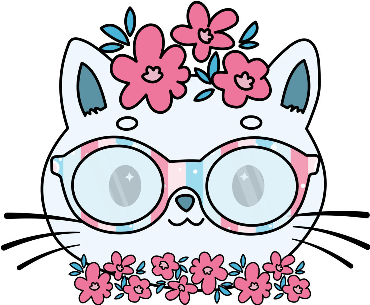 gato bonito na coroa de flores usando óculos png