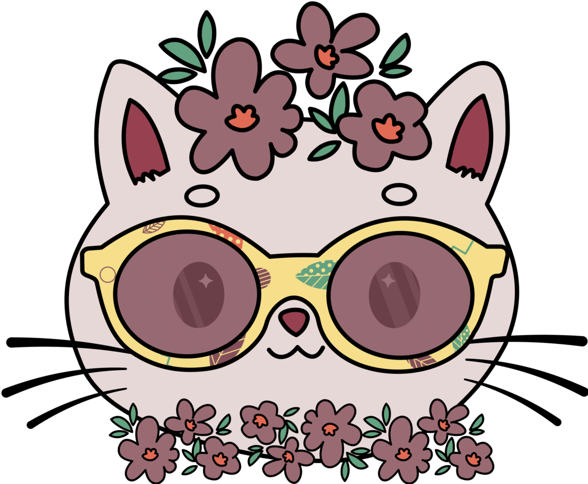 lindo gato en corona de flores con gafas png