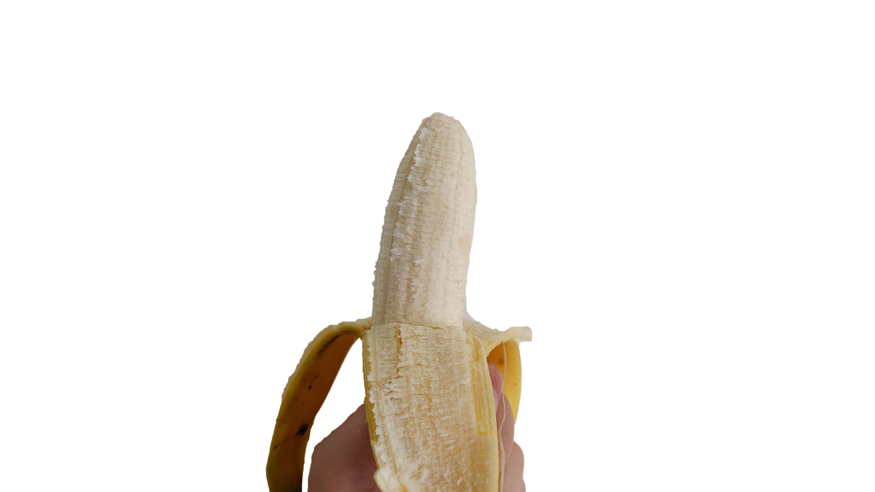 Hand holding a peel banana on transparent background png
