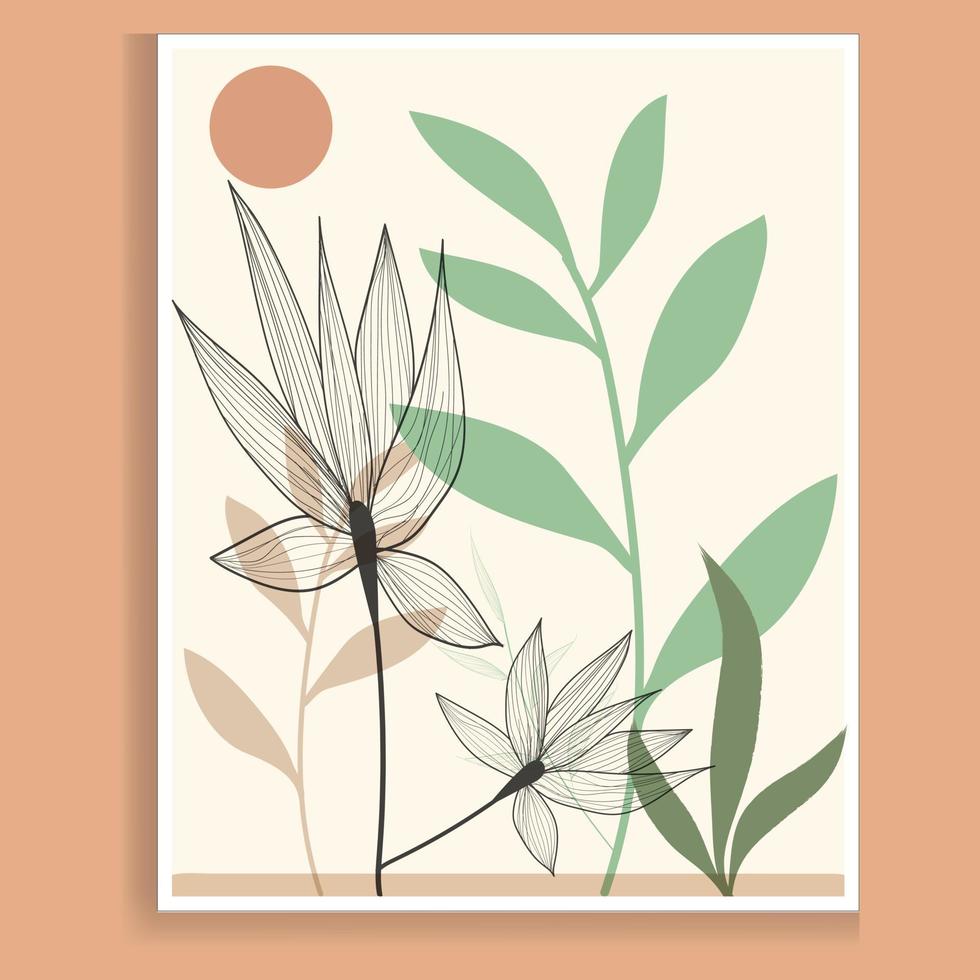 Botanical wall art vector. Earth-tone boho foliage line art drawing with abstract shapes. Abstract Plant Art design for print, cover, wallpaper, and Minimal and natural wall art. vector