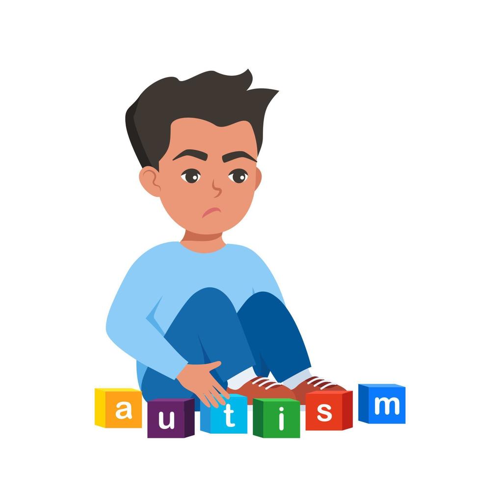 Autism concept. Boy feeling lonely. Sad boy sitting on floor surrounded by cubes toys with word autism. Vector illustration.
