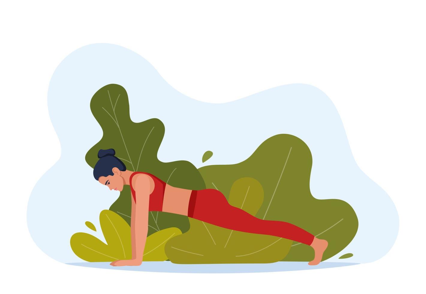 Female character doing yoga exercises on fresh air. Outdoor yoga. Wellness, healthcare and lifestyle concept. Vector illustration.