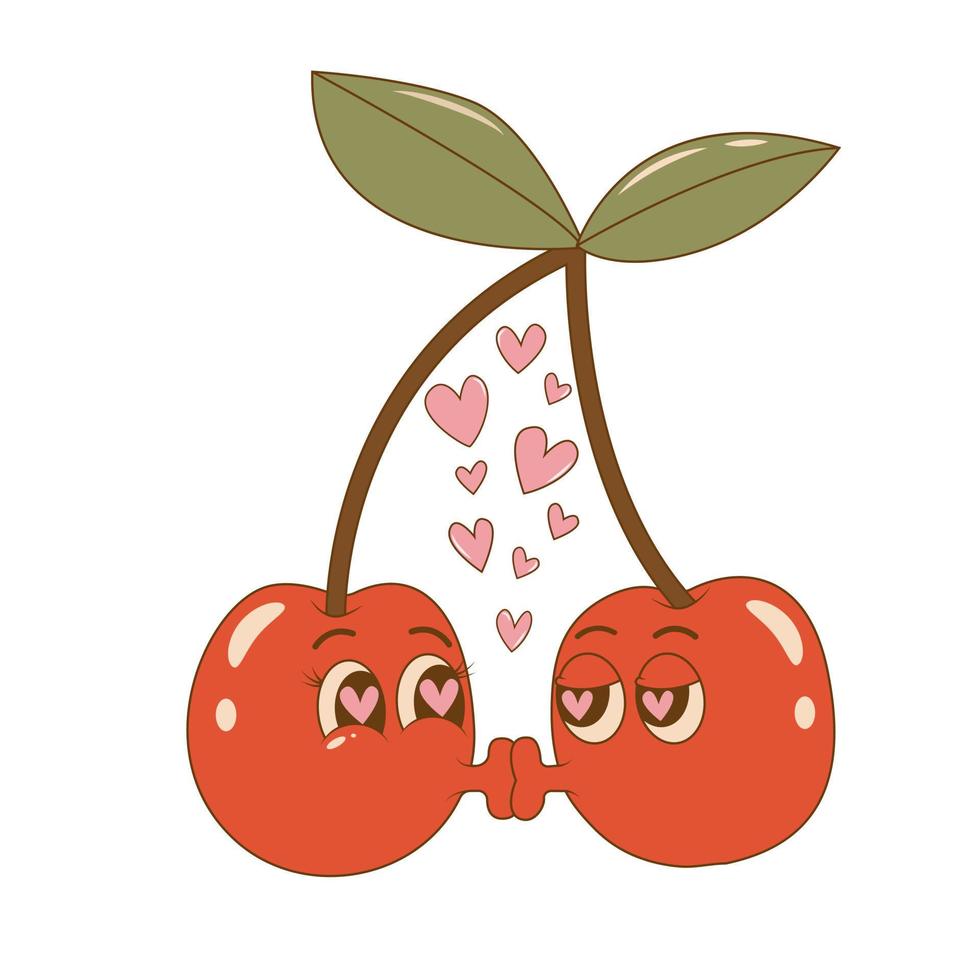 Trendy characters cartoon groovy kissing couple cherry in retro style. 60s 70s aesthetics vintage vector illustration. Valentines day concept.