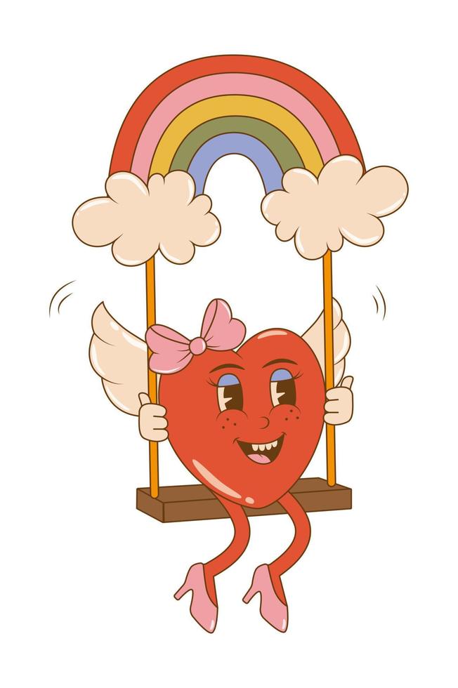 Trendy characters cartoon groovy heart on a swing in retro style. Valentines day concept. 60s 70s aesthetics vintage vector illustration.