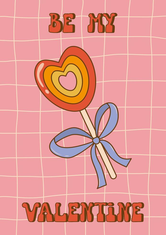 Valentine's day groovy poster or greeting card. Happy Valentines day concept in 60s 70s cartoons style. Rainbow lollipop in shape heart. Flat vector illustration