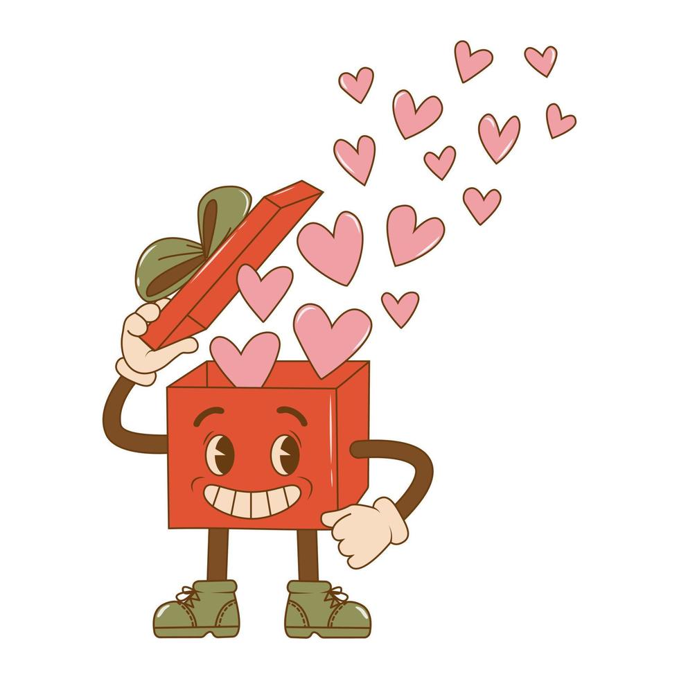 Trendy character cartoon groovy gift box with flying hearts in retro style. 60s 70s aesthetics vintage vector illustration. Valentines day concept.