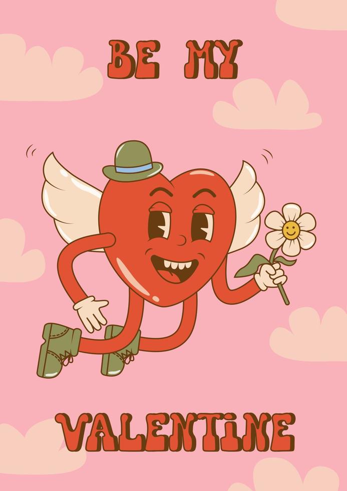 cartel maravilloso del día de san valentín o tarjeta de felicitación. concepto de feliz día de san valentín en estilo de dibujos animados de los años 60 y 70. corazón volador con alas. ilustración vectorial plana vector