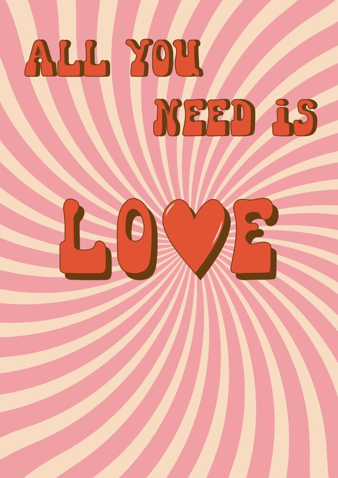 Valentine's day groovy poster or greeting card. Happy Valentines day concept in 60s 70s cartoons style. Flat vector illustration