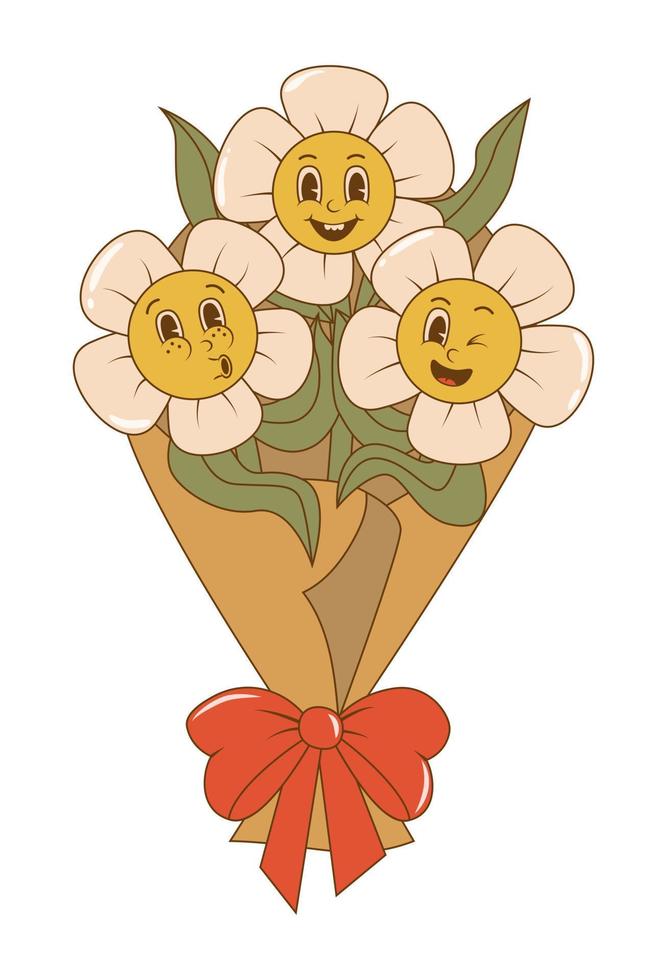 Trendy characters bouquet cartoon groovy daisies in retro style. 60s 70s aesthetics vintage vector illustration. Valentines day concept.