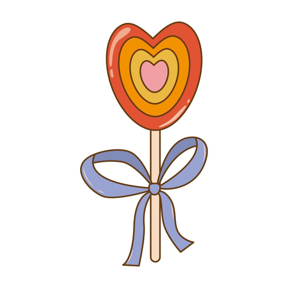 Trendy cartoon lollipop in retro style. Valentines day concept. 60s 70s aesthetics vintage vector illustration.