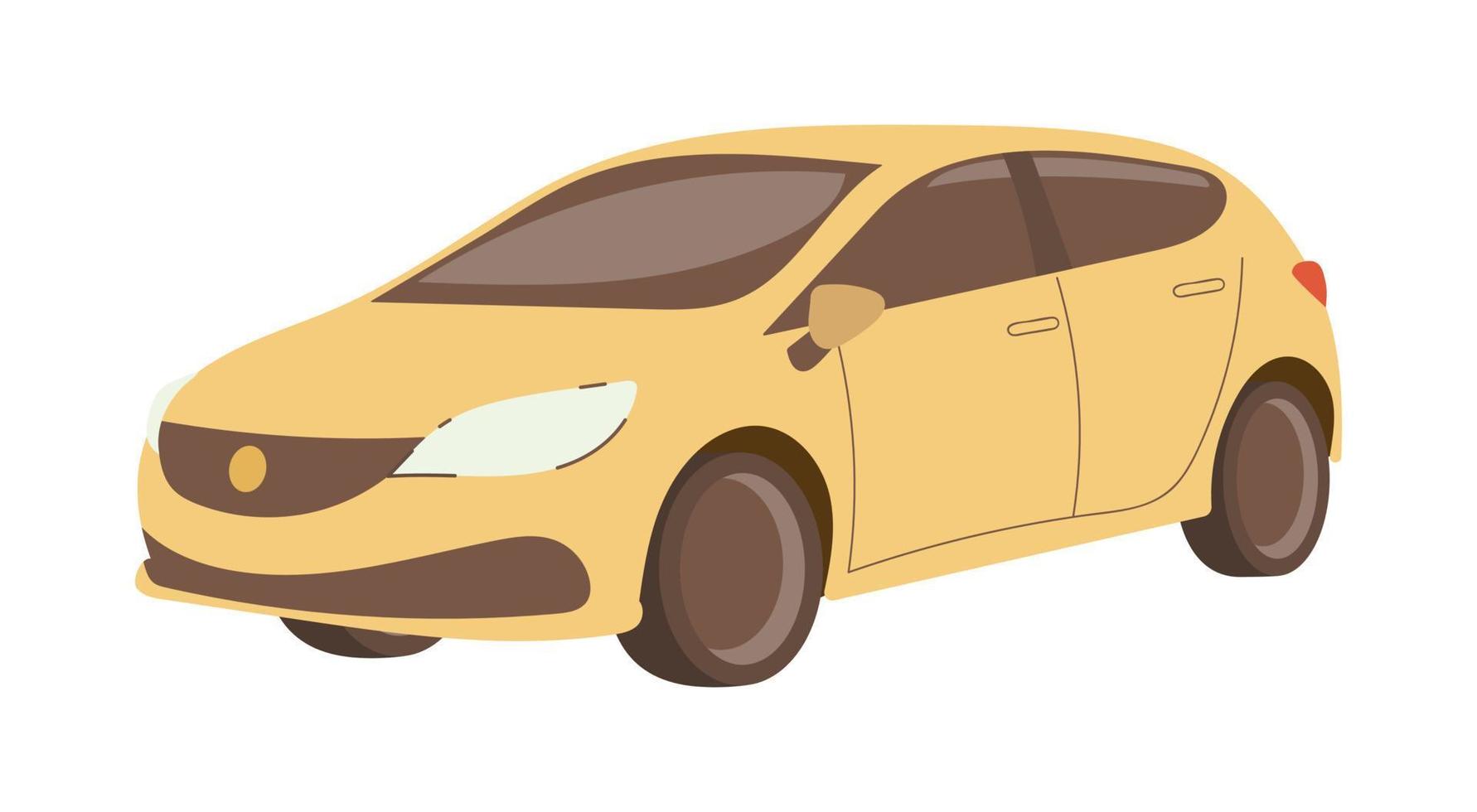 Flat yellow car three-quarter front view, hatchback, isolated on white background. Vector illustration.