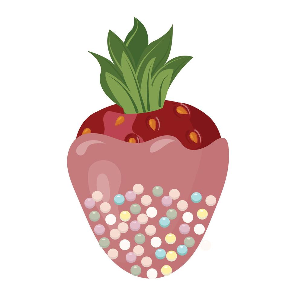 fresas en un glaseado de frutas rosas, decoradas con chispas de azúcar redondas multicolores. ilustración vectorial aislado sobre fondo blanco. vector