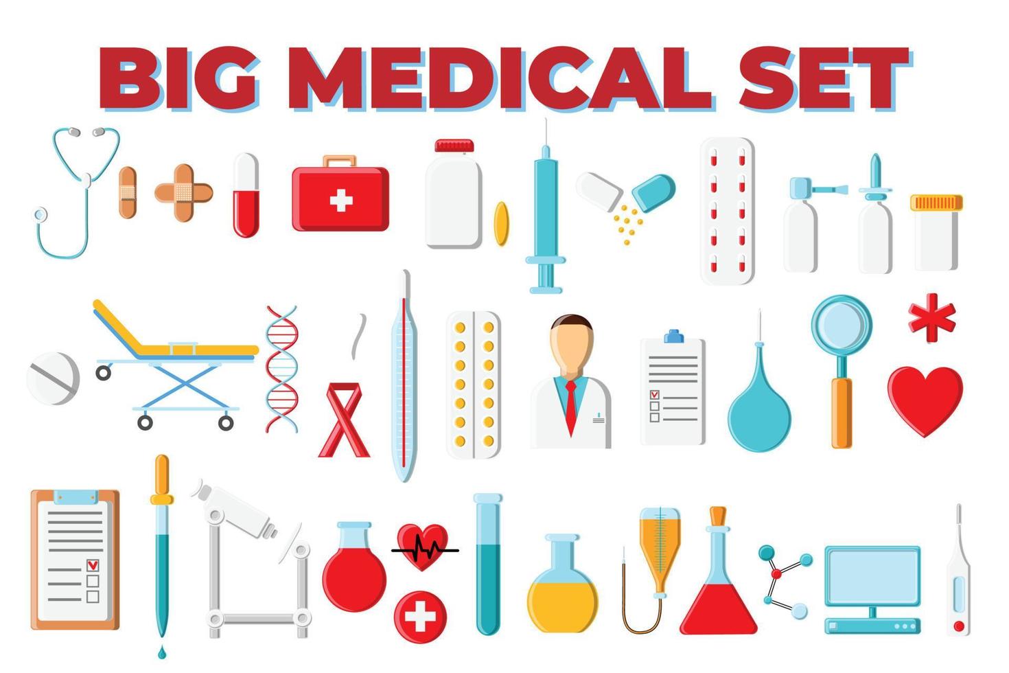 A large beautiful bright colored set of medical items and tools of a pharmacy or doctor's office, thermometer tablets syringes medication flasks on a white background. Vector illustration