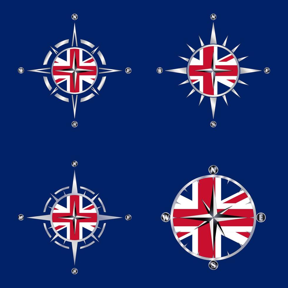 Set of compass roses, wind roses on the background of the British flag. Vector illustration.