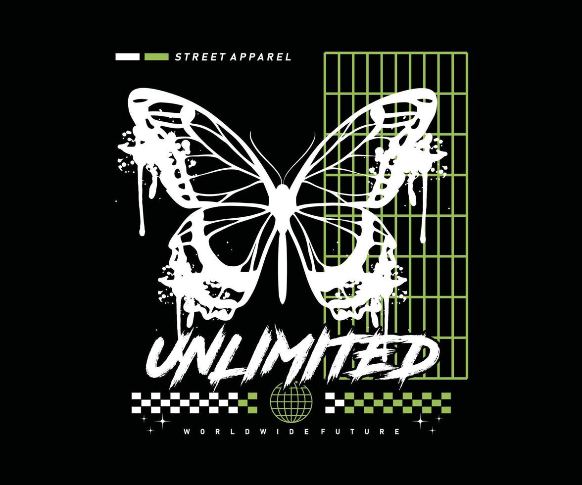 dripping butterfly silhouette in spray paint style with unlimited slogan, for streetwear and urban style t-shirts design, hoodies, etc vector