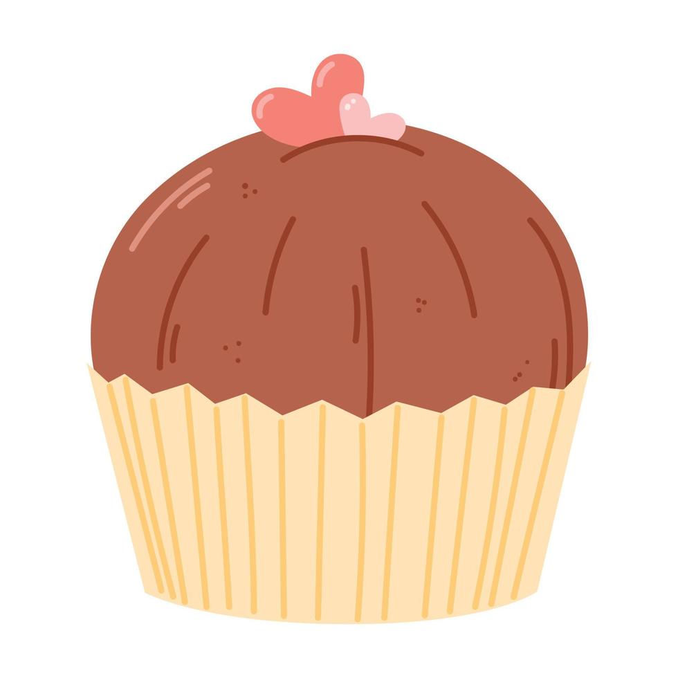 Chocolate cupcake or muffin decorated with hearts. Vector isolated cartoon illustration of dessert.